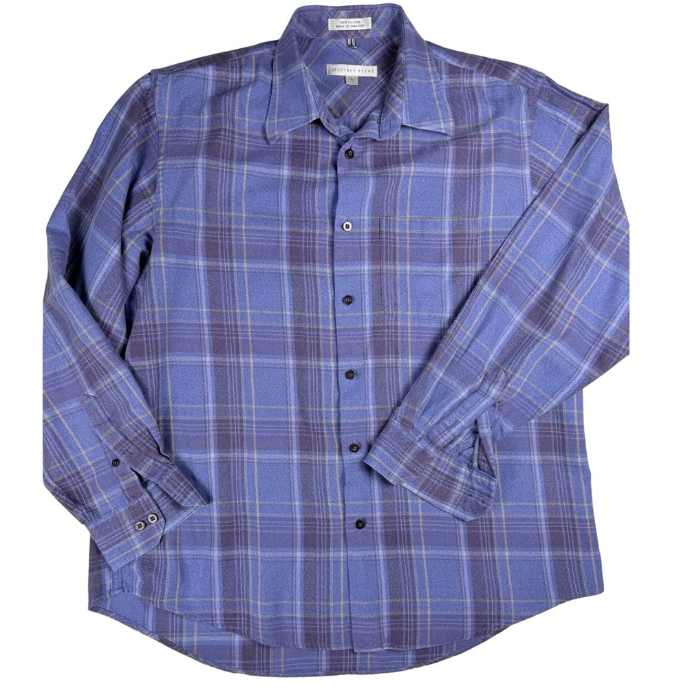 Geoffrey Beene Mens Large Blue Purple Plaid Flannel Cotton Button Down Shirt